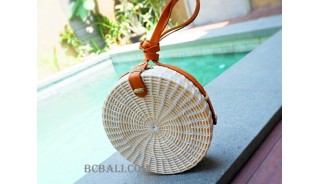 rattan sling bags circle design leather long handle